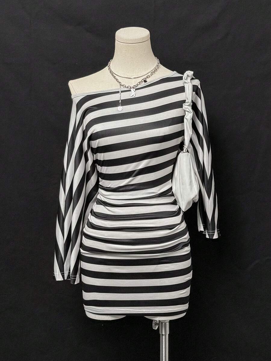 Ruched Dress Mini - Black And White Striped Asymmetric Shoulder