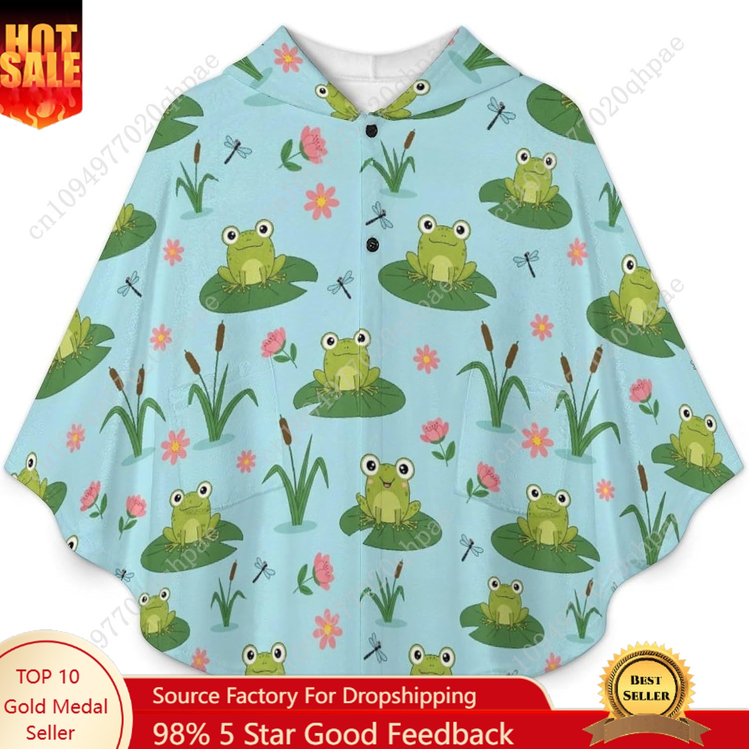Hoodie Women Oversized - Cozy Flannel Blanket Sweater,Frogs Lilies Dragonflies