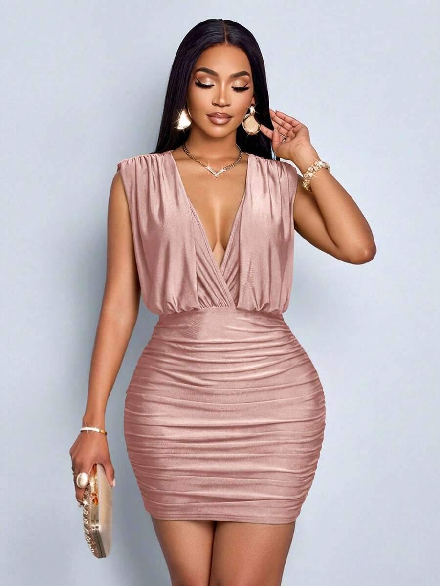 Ruched Dress Mini - Womens Solid Color Ruched Deep V-Neck