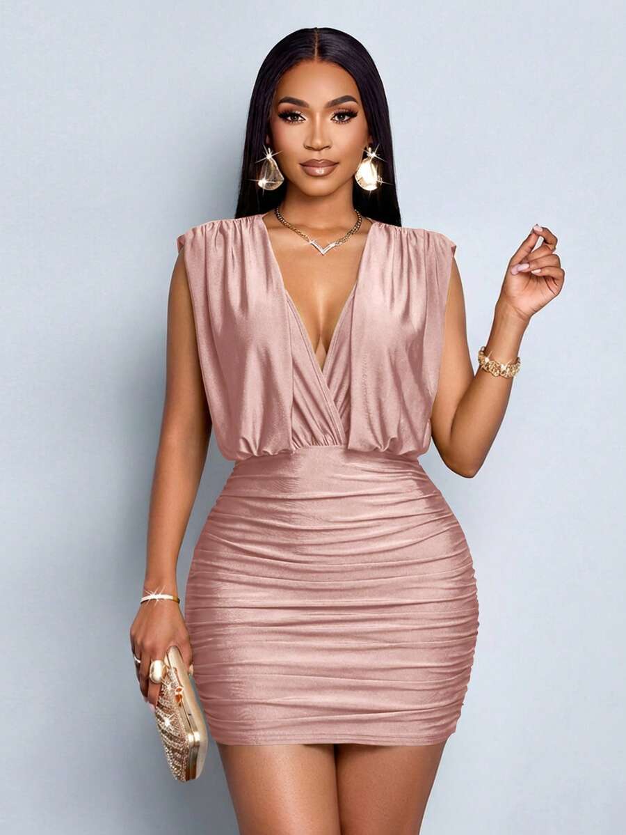 Womens Solid Color Ruched Deep – обзор и цена Ruched Dress Mini